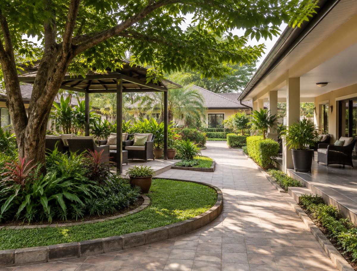 Serene accessible courtyard representing a comfortable care-home environment